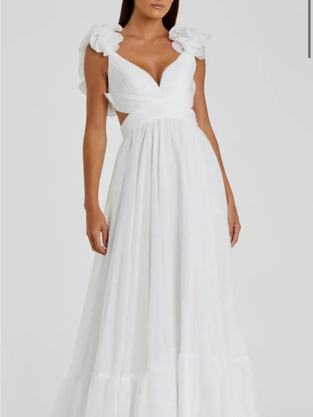 Mac Duggal White Ruffled-Shoulder V-Neck Maxi Dress